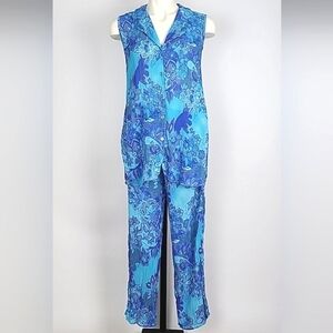Donna 2 Piece Matching Blue Floral Lightweight Sleeveless Top & Pants Size Small